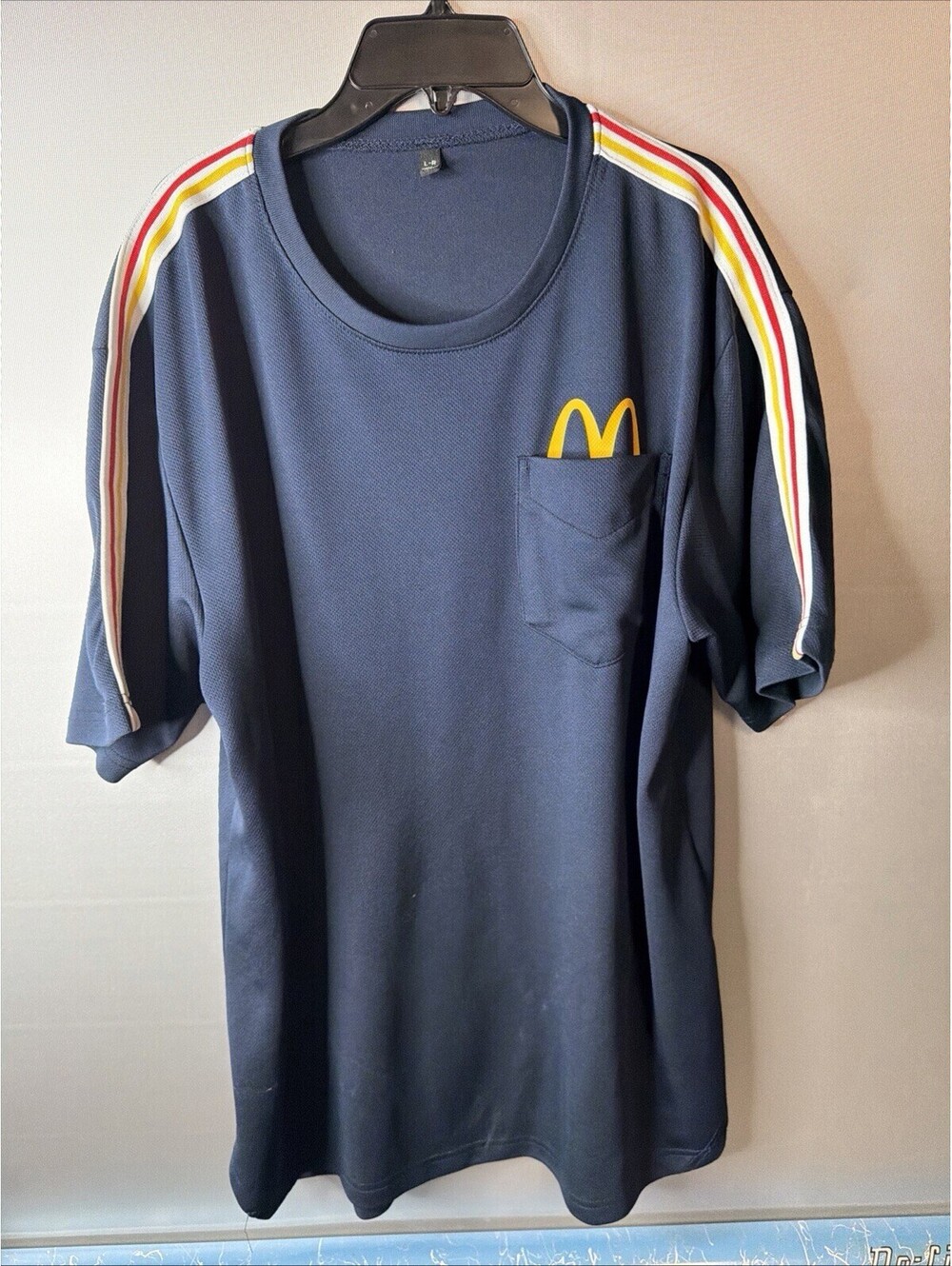 McDonalds Crew Uniform Shirt Mens Large Navy Blue Pocket Golden Arches Stripe